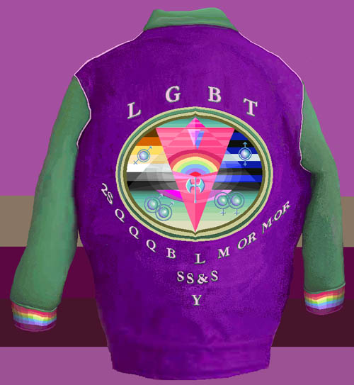 Purple varsity jacket with green sleeves and rainbow cuffs is emblazoned with a crest of overlappping triangles, a labyris, and intertwined male and female symbols and the letters L G B T 2S Q Q Q B L M OR M·OR SS&S Y