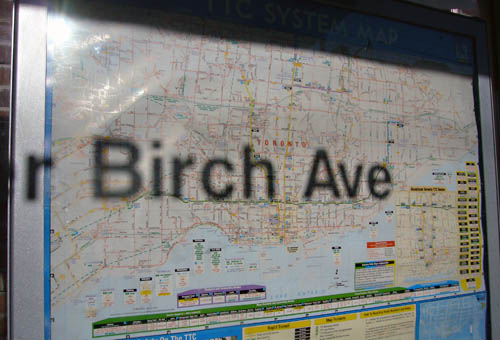 Shadow cast onto TTC shelter’s transit map reads r Birch Ave in Helvetica