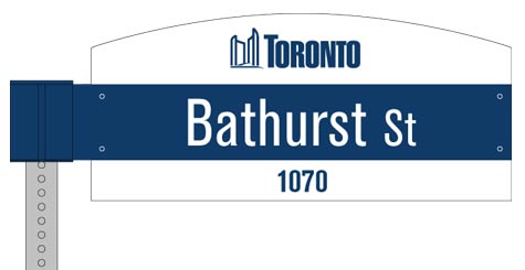 Blue sign blade with Bathurst St in white, with curved white top border showing Toronto logotype and straight-bottomed white bottom border showing 1070