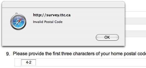 Dialogue box gives URL and says Invalid Postal Code. Window underneath lists 4-2 in a field for first three characters of home postal code