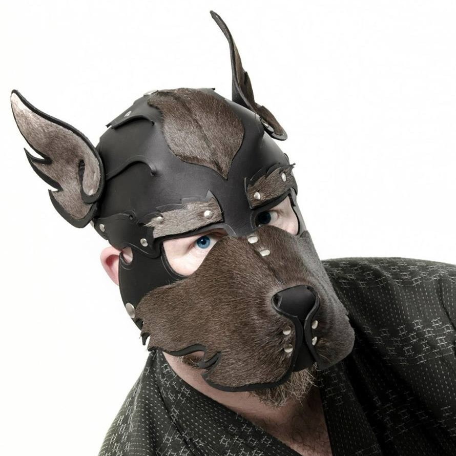 Dark blue eyes are visible under a dog mask whose sides, centre top, and tall-standing ears seem to be covered in dark brown fur