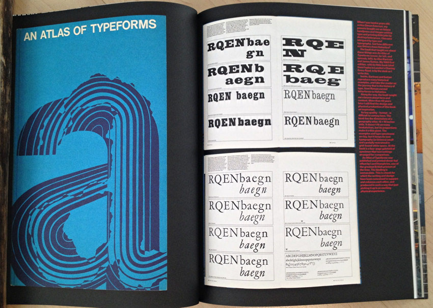 ‘An Atlas of Typeforms’ cover on left page, thumbnail spreads on right