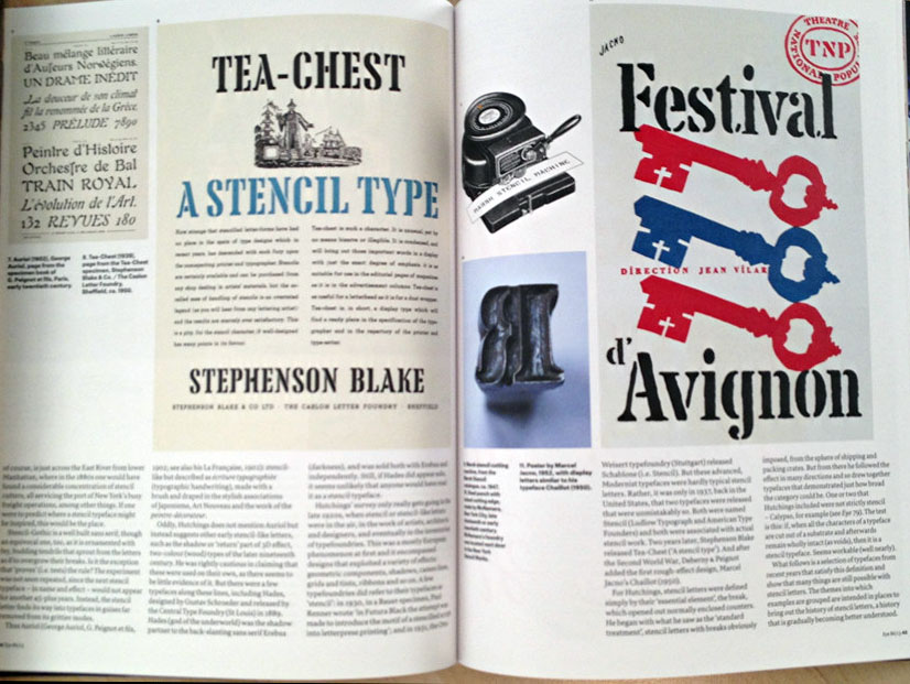 Double-page spread, including original advertisement for Tea-Chest typeface