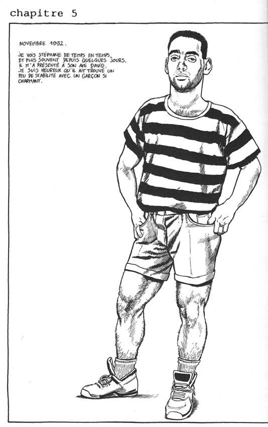 Stéphane in a striped sh irt, strong legs visible under shorts