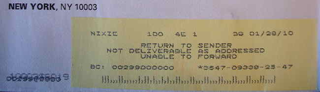 NEW YORK, NY 10003 address and yellow label reading RETURN TO SENDER NOT DELIVERABLE AS ADDRESSED