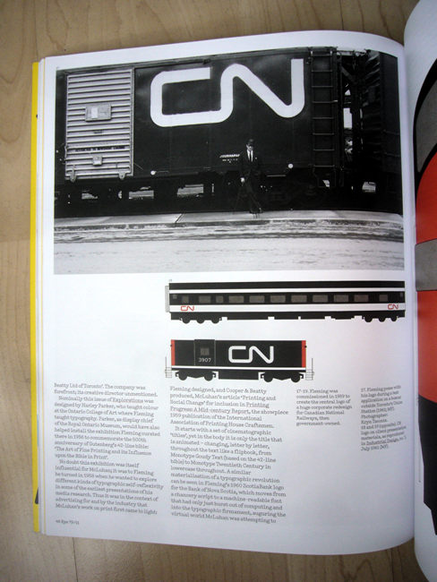 Full-page spread, including photo of Allan Fleming posing before boxcar emblazoned with CN logotype