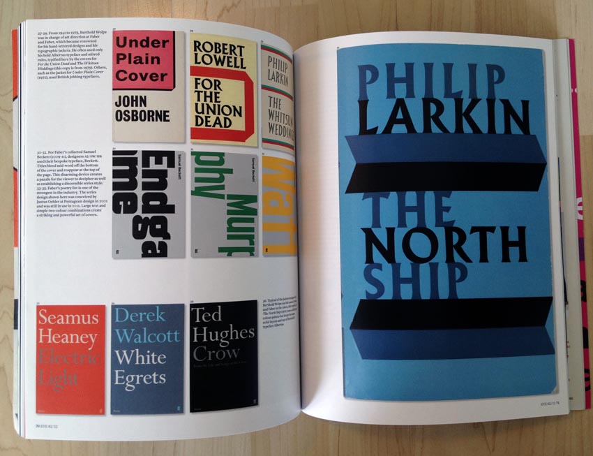 Book covers, including a giant Philip Larkin cover set in Albertus