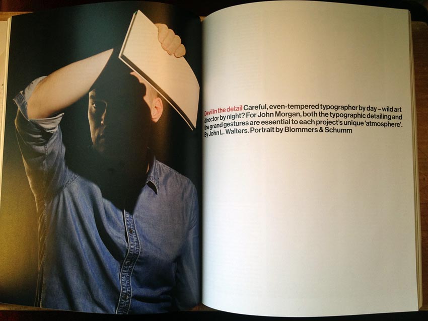 Two-page spread includes photo of Morgan shielding his eyes with a book