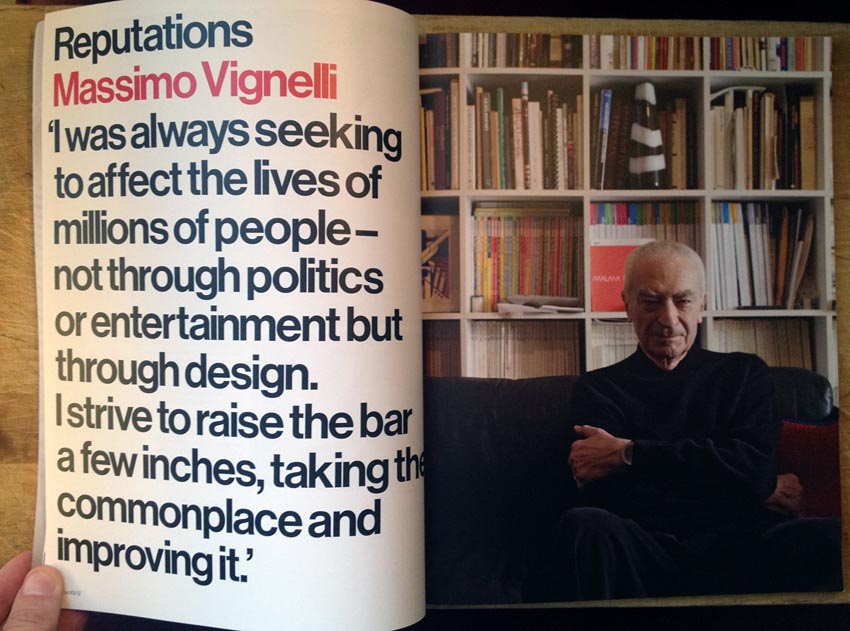 Double-page spread showing Massimo Vignelli on one side