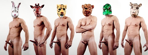 Six smooth-chested guys with hardons and animal masks