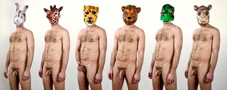 Six hairy-chested guys with hardons and animal masks