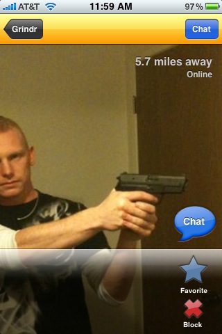 Grindr profile shows guy wielding a pistol