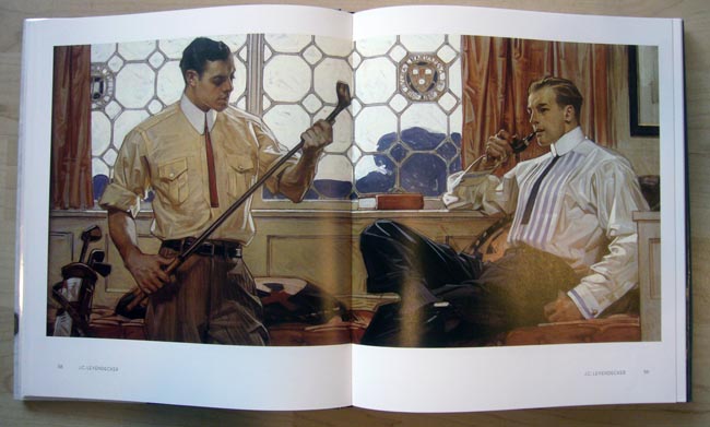 In a rustic drawing room, one man in high-collared shirt smokes a pipe while his friend, also in a high-collared shirt, examines a golf club