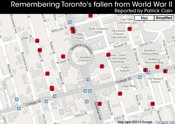 Zoomed-in view of map shows only 17 poppies near College and Spadina