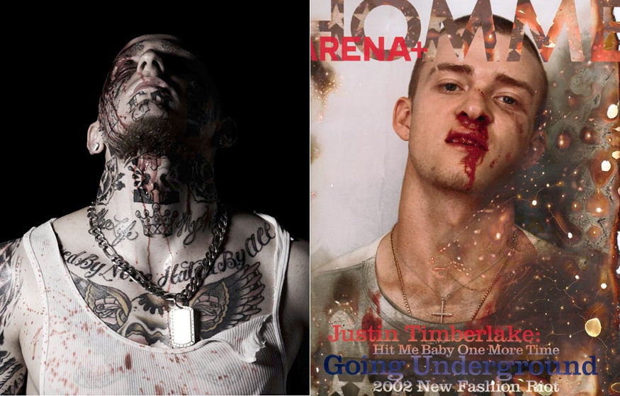 Bloody-faced tattooed figher in wifebeater; bloody-nosed Justin Timberlake in T-shirt on magazine cover