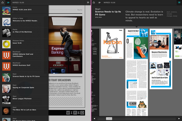 Wired.app screenshots showing pictures of fully-typeset pages