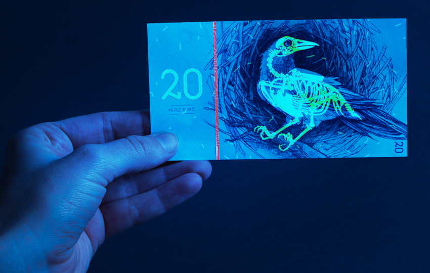 Under black light, hand holds banknote that shows X-ray-like skeleton of bird