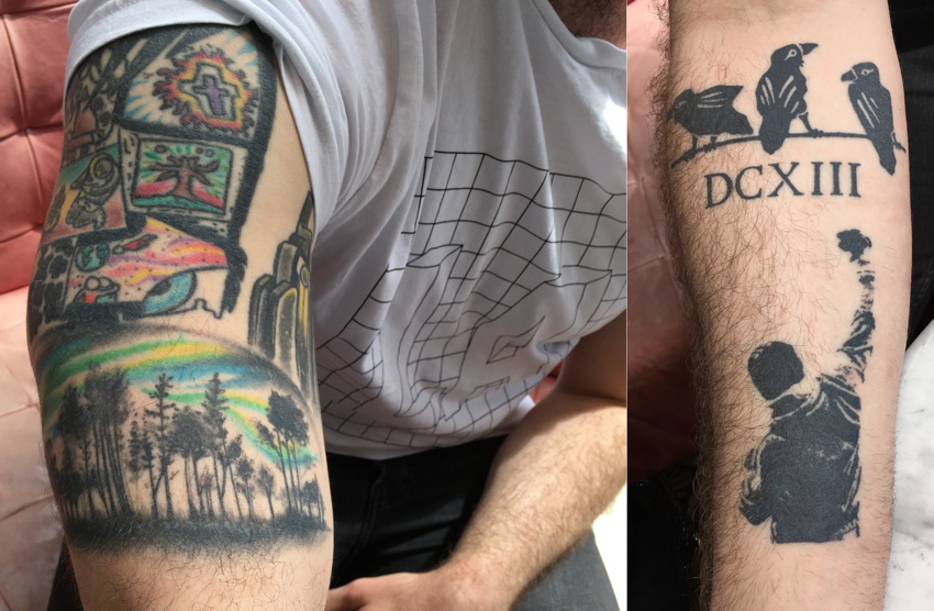 Vibrant green tattoos on arm; three crows and DCXIII tattoo on arm