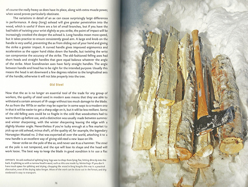 Two-page spread: Type one one page, pile of logs and axe on snow-covered ground on the other