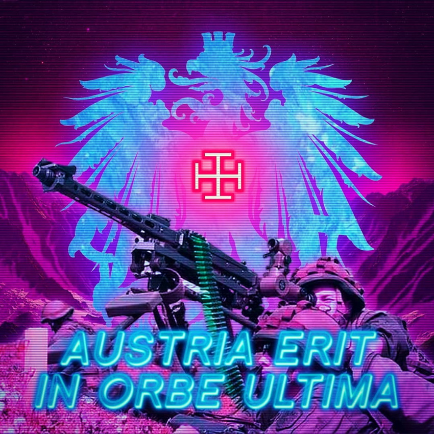 Luminous yellow–red iron cross amid magenta and blue battle image: Austria erit in orbe ultima