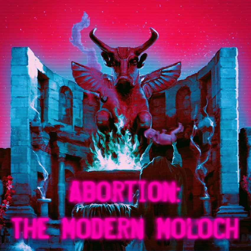 Blood-red minotaur breaks through a proscenium of some kind. Abortion: The modern Moloch
