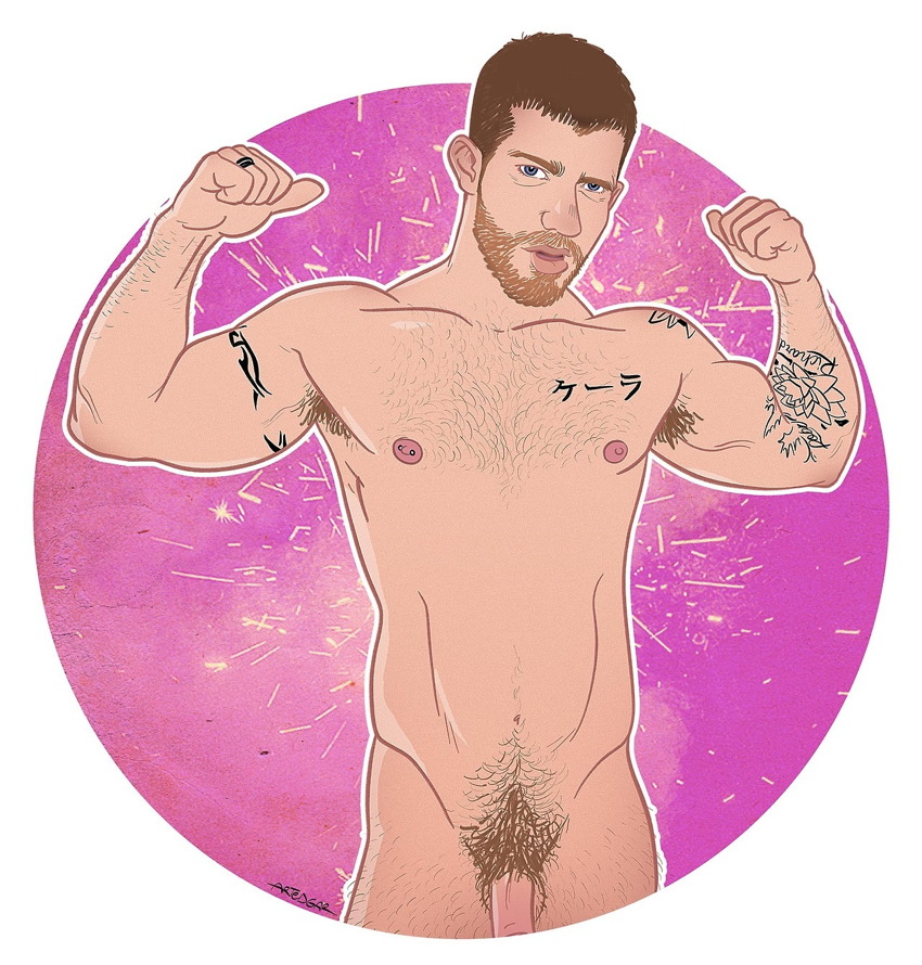 Gingery lad on pink background does double-bicep pose, has various tattoos, including ケーラ