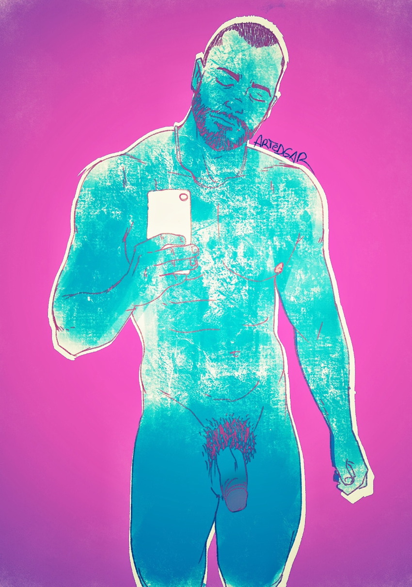 Naked man, in bright ice-blue darkening at the legs, takes nude photo of himself with phone camera