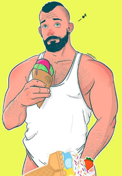 Pinkish-skinned muscular man (against neon-green background) holds green-and-fuchsia ice-cream cone