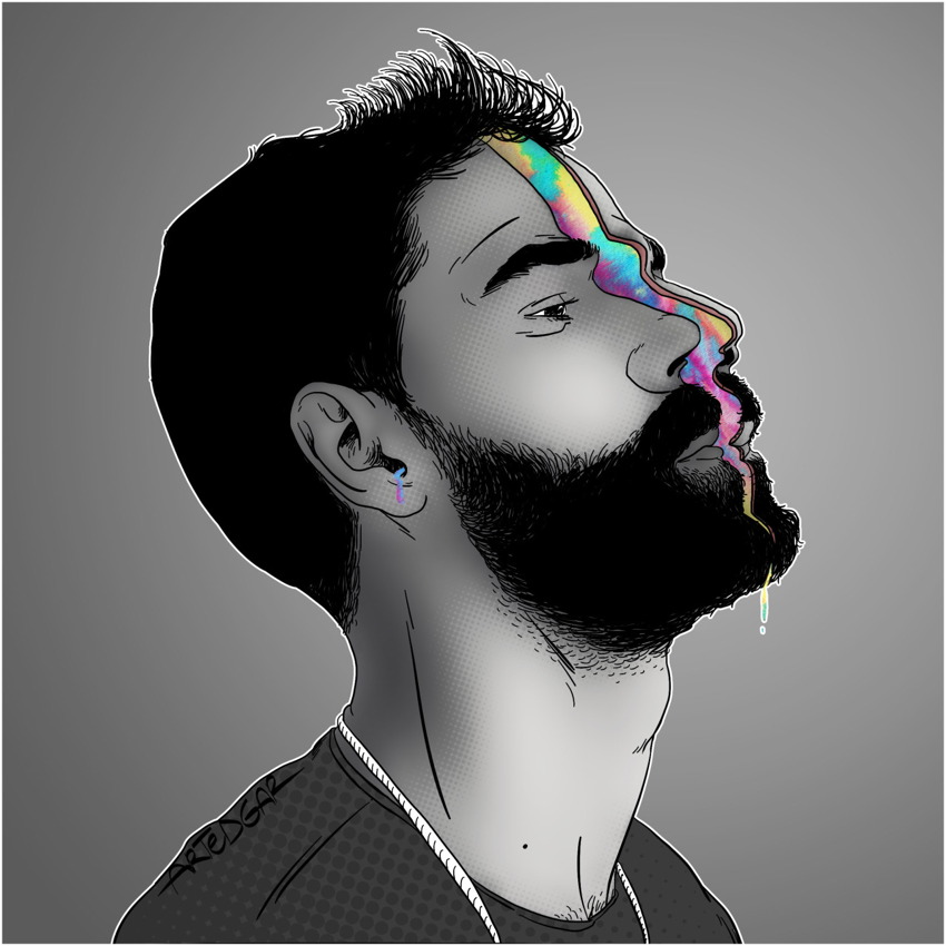Black-and-white illustration of bearded man looking up in profile has his face partially dissected with a rainbow pattern, rainbow droplets falling from beard, ear canal