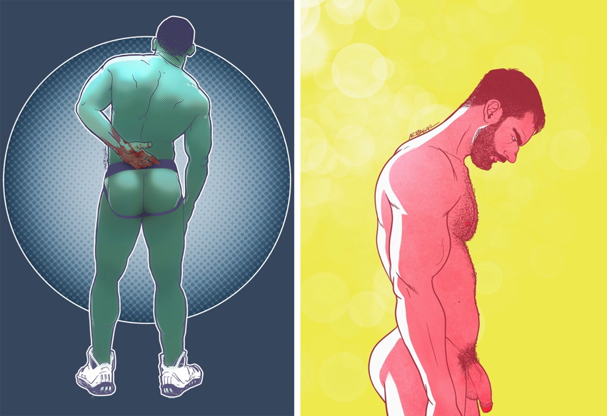 Emerald-green man with bloodied palm and forearm tucked into back of jockstrap; coral-pink man, with large wang, in profile against brilliant yellow backdrop