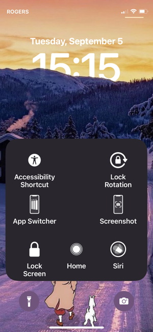 Home screen showing AssistiveTouch menu with home button, undo, other items