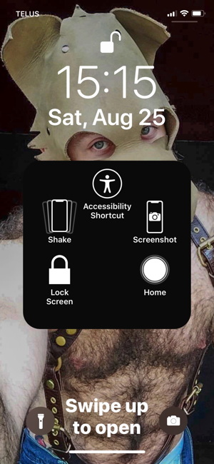 Home screen (with shirtless dude in pup hood) showing AssistiveTouch menu with home button, undo, other items