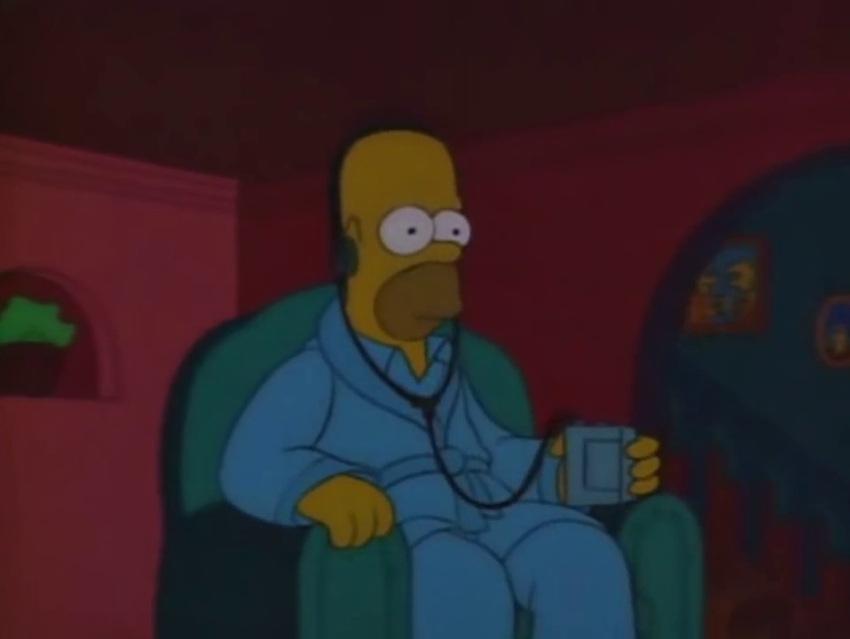 Homer, alone in his chair, grasping a Walkman and wearing its headphones