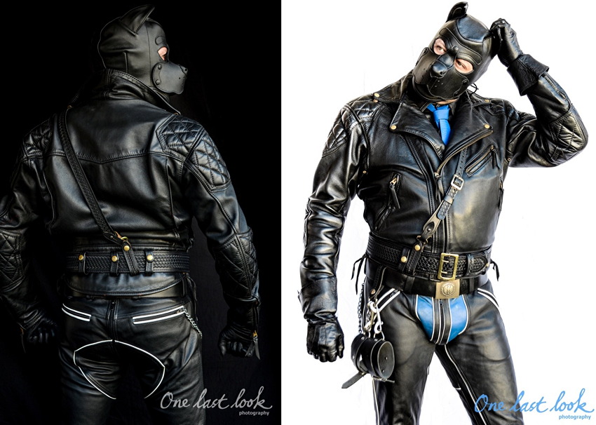 One photo: Man in full leather jacket and chaps (with blue codpiece and tie), with pup hood