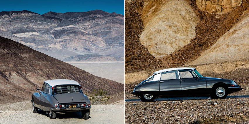 Slate-grey Citroën DS parked in foothills and seen in profile among burnt-ochre mountains