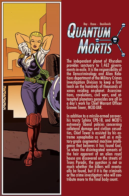 Comic-book page with sexy lady on left side, column of type on dark-red background on right