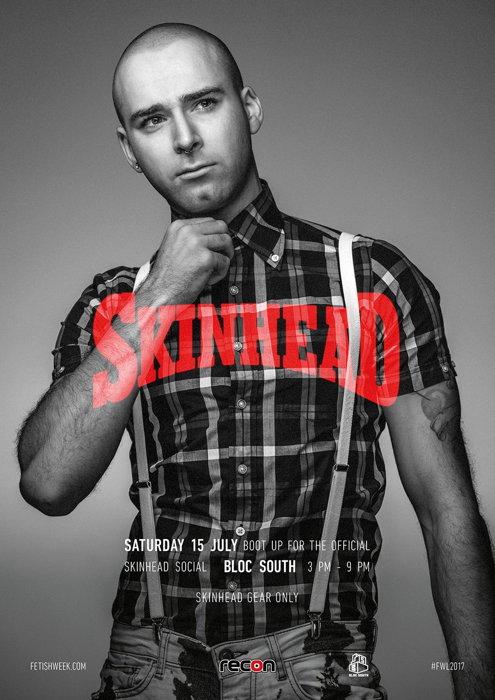 Black-and-white poster has SKINHEAD type in red that spans an arc across model, looking off to the side with fist pensively raised to chin