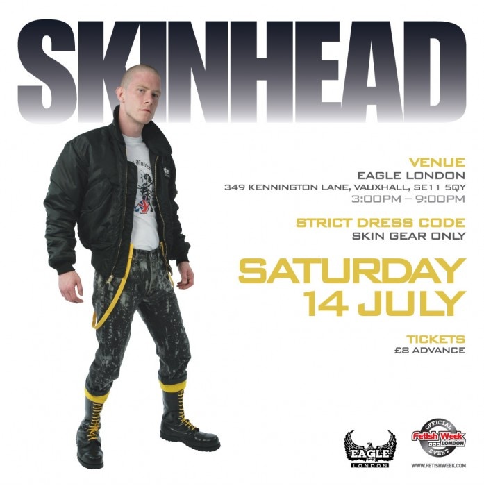 Giant headline SKINHEAD, skinhead dude composited onto white background, all-caps type