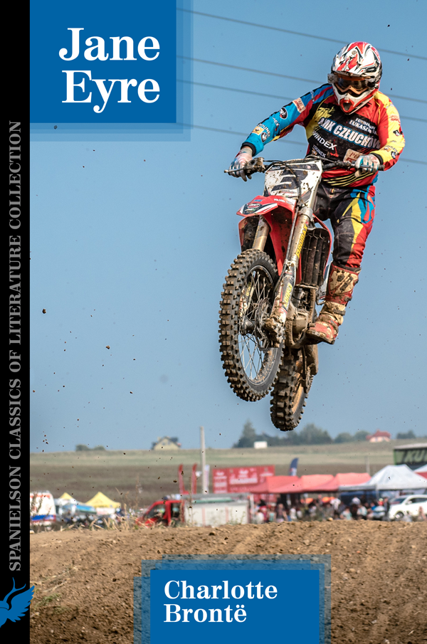 Book cover for ‘Jane Eyre’ by Charlotte Brontë shows motocross rider in mid-air jumping over a berm