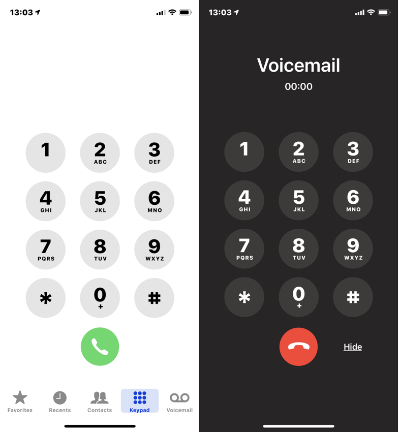 Light keypad, then dark keypad with Voicemail title