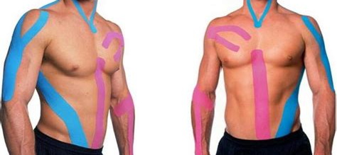 Shirtless models with blue or red tape along the skin surface