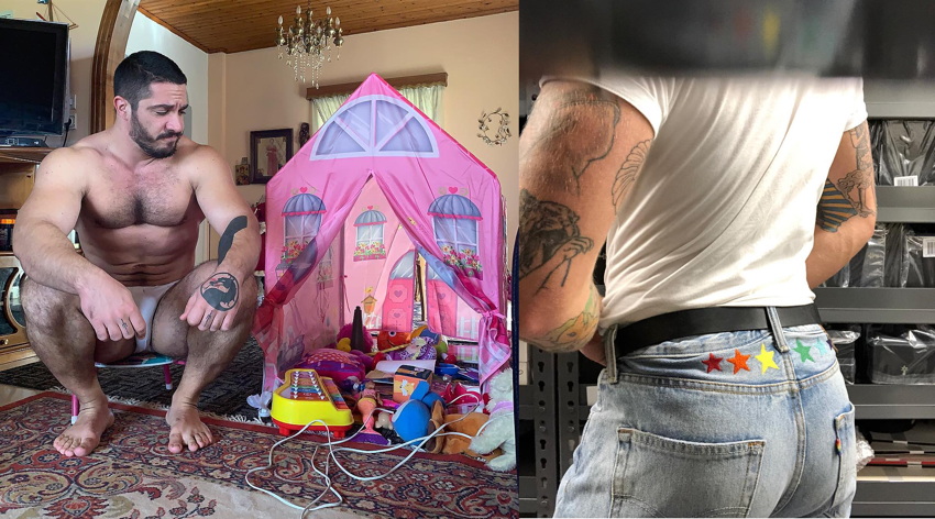 Giant muscleboy sits next to pink dollhouse-like tent; man in T‑shirt and jeans is partly obscured