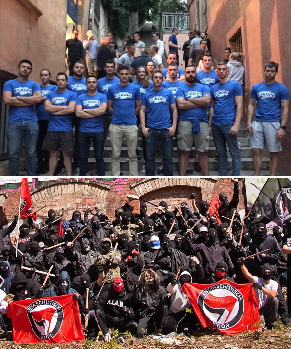 Defend Europe members (nearly all fit white males) in blue T‑shirts; dozens of antifa in black clothes and all in face coverings